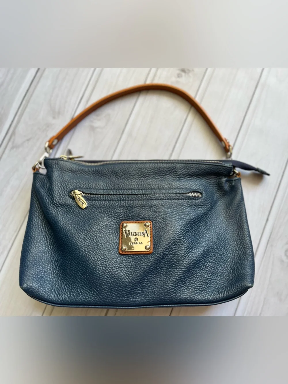 Valentina Italia blue pebbled leather shoulder bag purse & smooth leather strap